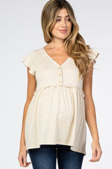 Beige Waffle Knit Ruffle Sleeve Maternity Top