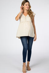 Beige Waffle Knit Ruffle Sleeve Maternity Top