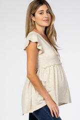 Beige Waffle Knit Ruffle Sleeve Maternity Top