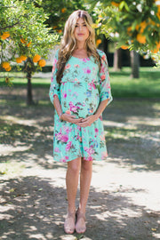 PinkBlush Mint Floral Chiffon Maternity Dress