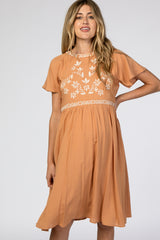 Orange Floral Embroidered Maternity Dress