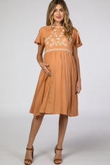 Orange Floral Embroidered Maternity Dress