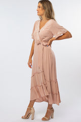 Mauve Embroidered Wrap Nursing Midi Dress