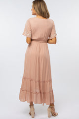 Mauve Embroidered Wrap Nursing Midi Dress