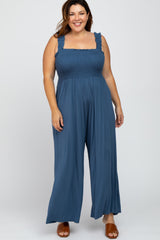 Blue Smocked Ruffle Strap Plus Jumpsuit