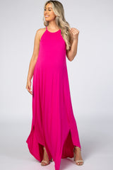 Fuchsia High Neck Side Slit Maternity Maxi Dress