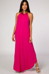 Fuchsia High Neck Side Slit Maxi Dress