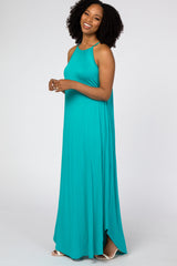 Turquoise High Neck Side Slit Maxi Dress