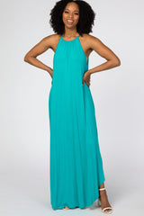 Turquoise High Neck Side Slit Maxi Dress