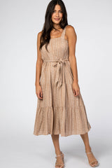 Taupe Square Neck Waist Tie Midi Dress