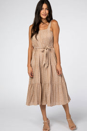 Taupe Square Neck Waist Tie Midi Dress