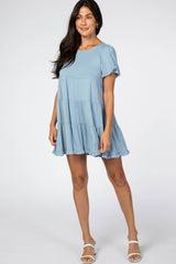 Blue Tiered Ruffle Hem Maternity Dress