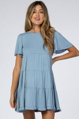 Blue Tiered Ruffle Hem Maternity Dress