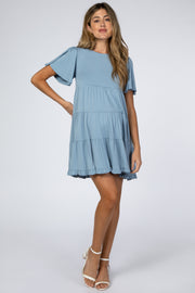 Blue Tiered Ruffle Hem Maternity Dress