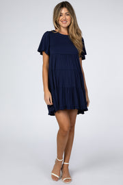 Navy Tiered Ruffle Hem Maternity Dress