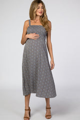 Grey Paisley Smocked Maternity Midi Dress