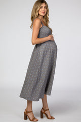 Grey Paisley Smocked Maternity Midi Dress