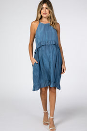 Blue Halter Neck Ruffle Accent Maternity Dress