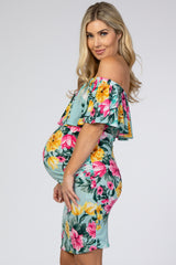 Mint Floral Off Shoulder Fitted Maternity Dress