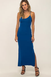 Blue Ribbed Side Slit Maxi Dress