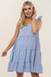 Blue Gingham Tiered Maternity Dress