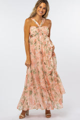 Peach Floral Chiffon Halter Neck Gown