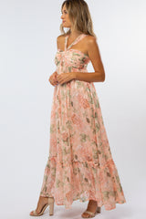 Peach Floral Chiffon Halter Neck Gown