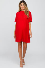 Red Swiss Dot Mock Neck Maternity Dress