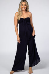 Navy Blue Sleeveless Wide Leg Maternity Jumpsuit