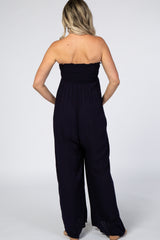 Navy Blue Sleeveless Wide Leg Maternity Jumpsuit