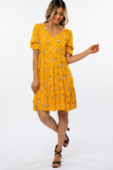 Yellow Floral Puff Sleeve Dress