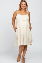 Beige Tiered Shoulder Tie Maternity Plus Dress