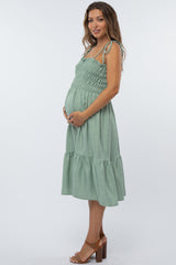 Light Olive Shoulder Tie Smocked Maternity Midi Dress