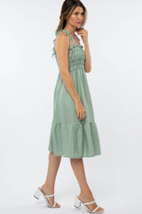 Light Olive Shoulder Tie Smocked Midi Dress