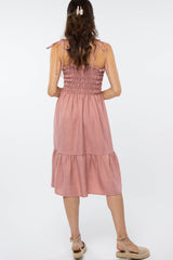 Mauve Shoulder Tie Smocked Midi Dress