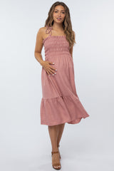 Mauve Shoulder Tie Smocked Maternity Midi Dress