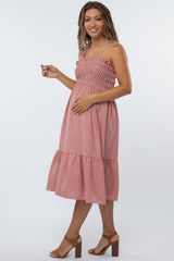 Mauve Shoulder Tie Smocked Maternity Midi Dress