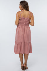 Mauve Shoulder Tie Smocked Maternity Midi Dress