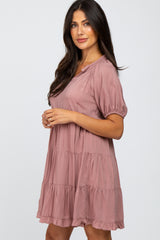 Pink Tiered Split Neck Dress