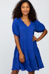 Royal Blue Tiered Split Neck Dress