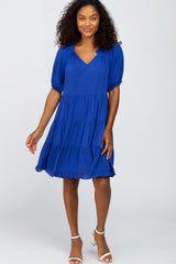 Royal Blue Tiered Split Neck Dress