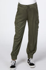 Olive Twill Cargo Maternity Jogger Pants