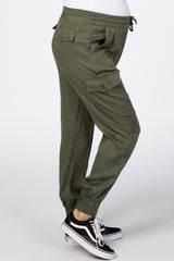 Olive Twill Cargo Maternity Jogger Pants