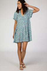 Blue Floral Collared Button Front Tiered Maternity Dress