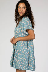 Blue Floral Collared Button Front Tiered Dress