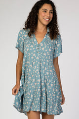 Blue Floral Collared Button Front Tiered Dress