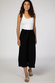 Black Linen Waist Tie Crop Wide Leg Pants