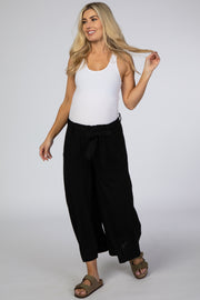 Black Linen Waist Tie Crop Wide Leg Maternity Pants