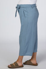 Blue Linen Waist Tie Crop Wide Leg Maternity Pants