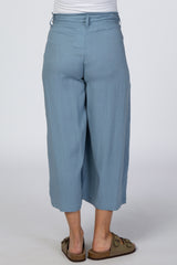 Blue Linen Waist Tie Crop Wide Leg Maternity Pants